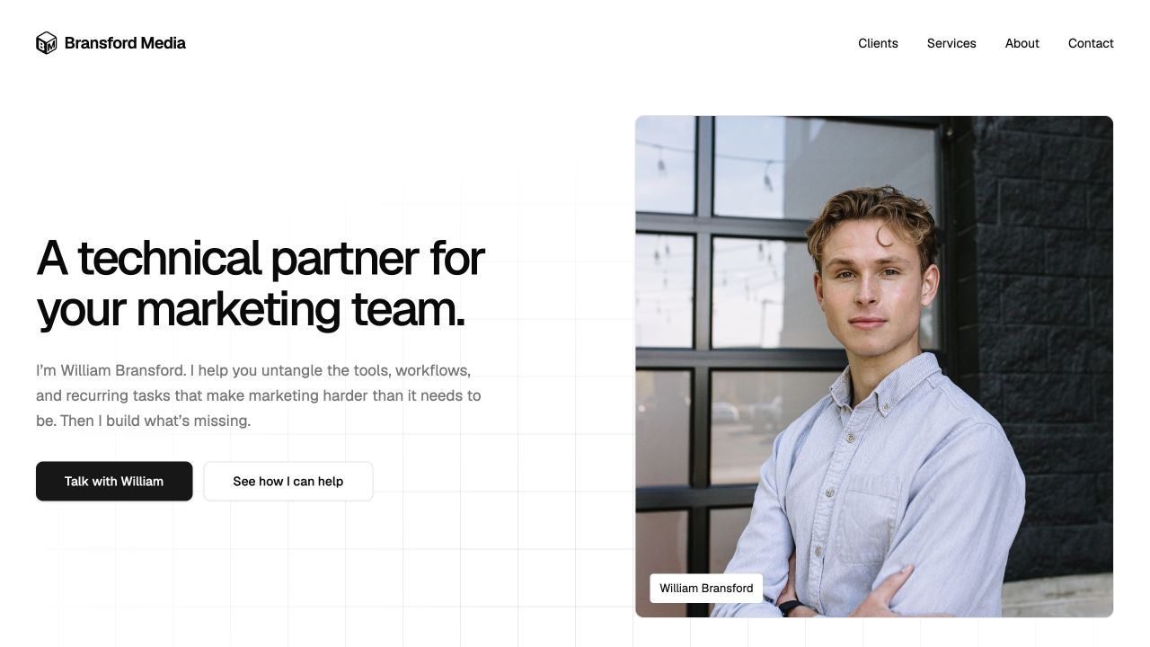 Bransford Media’s website, introducing William as a technical partner for marketing teams.